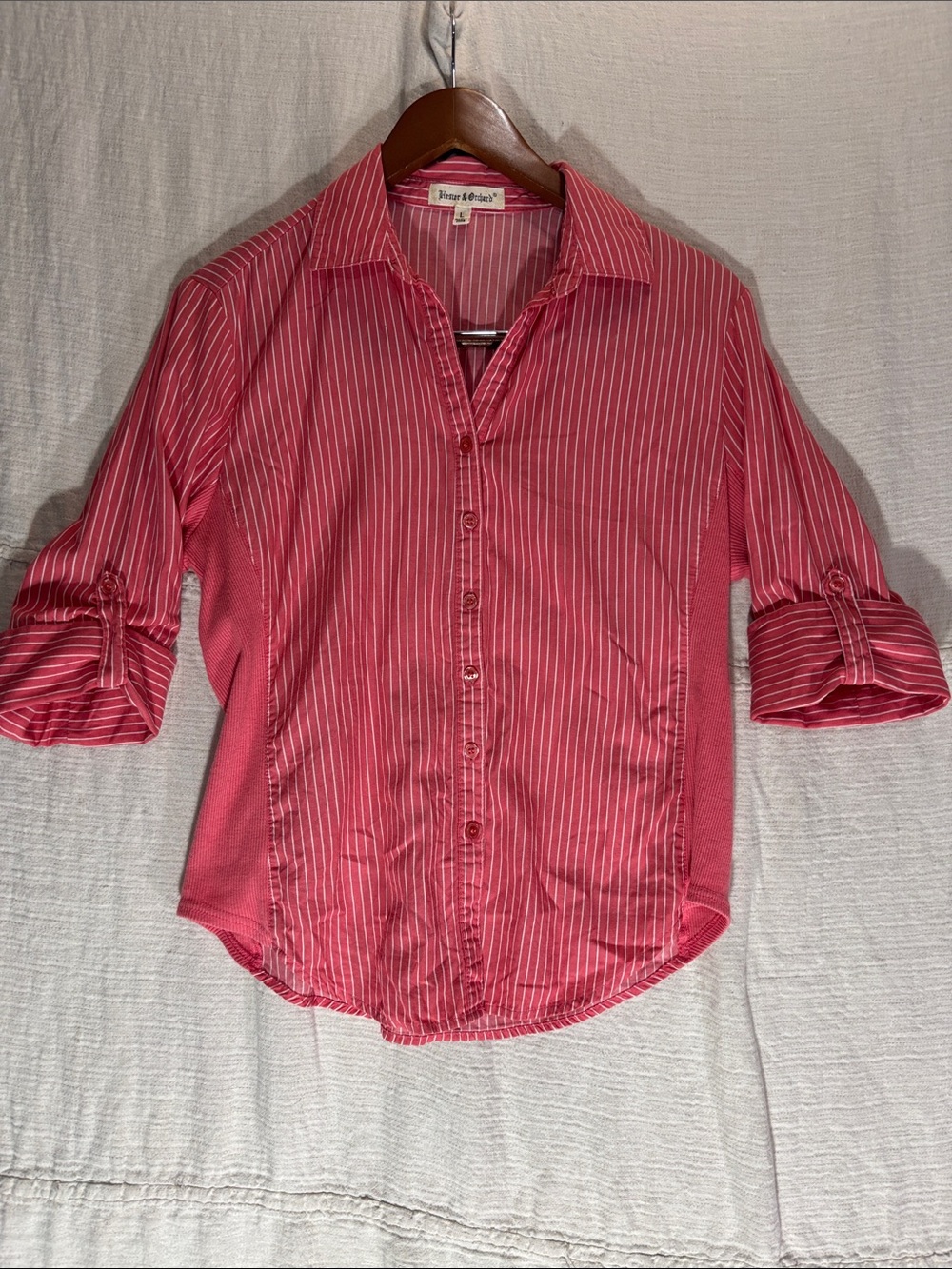 Hester & Orchard Coral Striped Button Down Size L 100% Cotton Stretch Sides EUC